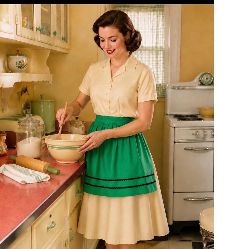 Vintage Green Half Apron Black Ric Rac Trim Retro 1950s Style Kitchen Waist Tie